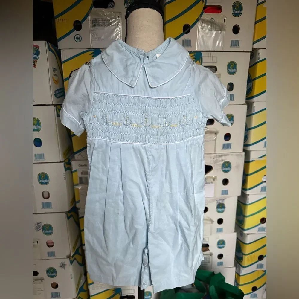 Strasburg Light Blue Baby Romper with Peter Pan Collar